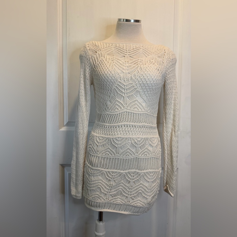 Abercrombie & Fitch Cream Crochet Long-Sleeve Knit Dress